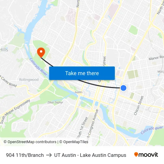 904 11th/Branch to UT Austin - Lake Austin Campus map