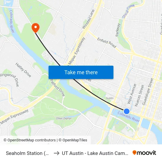 Seaholm Station (Nb) to UT Austin - Lake Austin Campus map