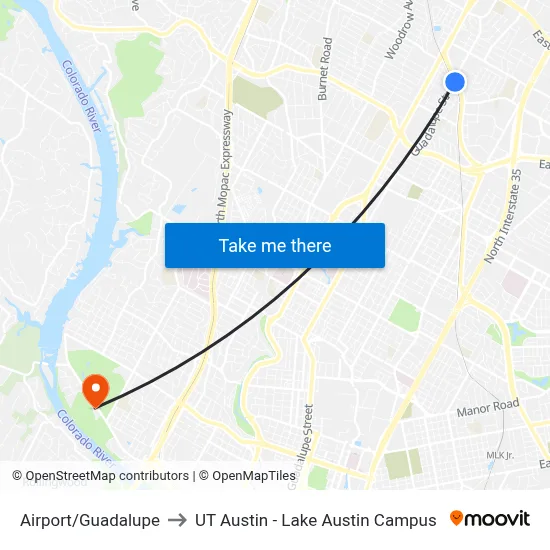 Airport/Guadalupe to UT Austin - Lake Austin Campus map