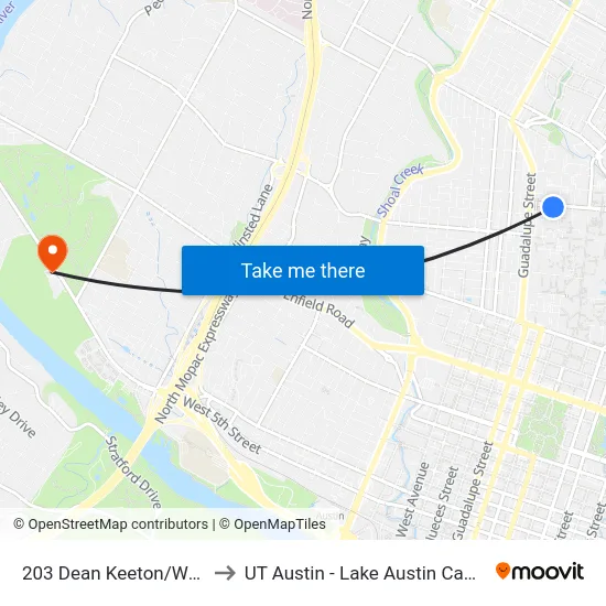 203 Dean Keeton/Whitis to UT Austin - Lake Austin Campus map