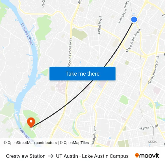 Crestview Station to UT Austin - Lake Austin Campus map
