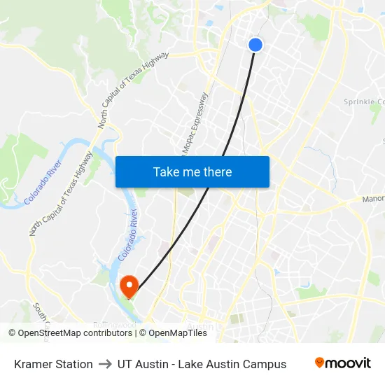 Kramer Station to UT Austin - Lake Austin Campus map