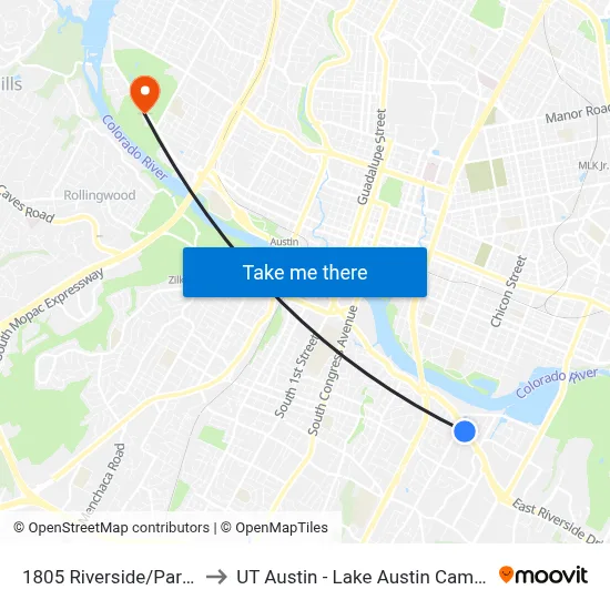 1805 Riverside/Parker to UT Austin - Lake Austin Campus map