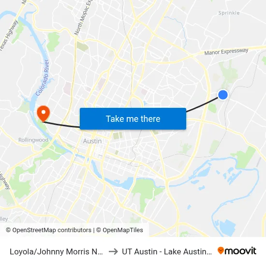 Loyola/Johnny Morris NW Corner to UT Austin - Lake Austin Campus map