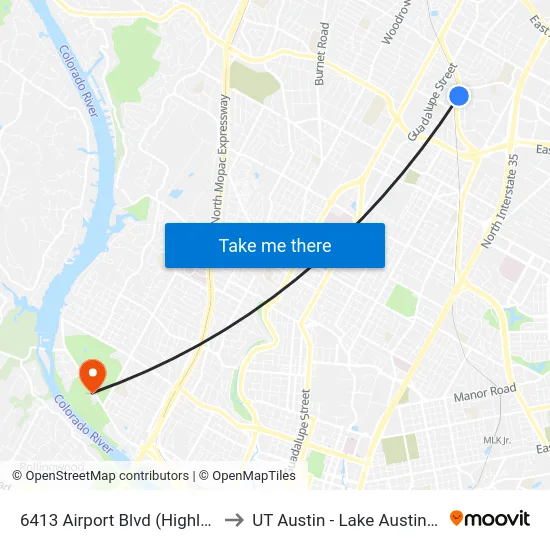 6413 Airport Blvd (Highland Mall) to UT Austin - Lake Austin Campus map