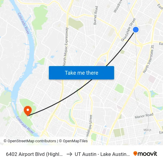 6402 Airport Blvd (Highland Mall) to UT Austin - Lake Austin Campus map