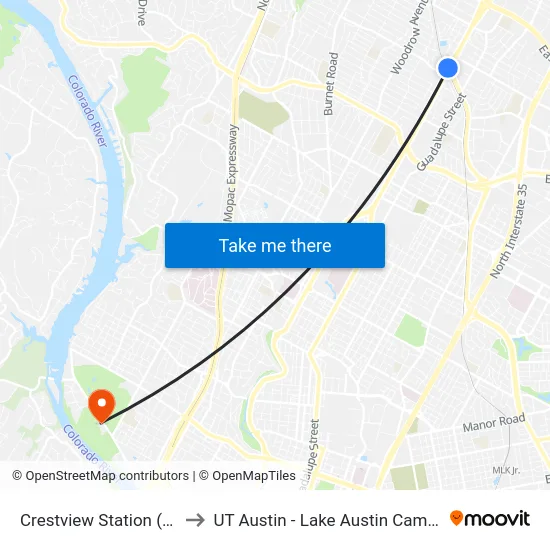 Crestview Station (Sb) to UT Austin - Lake Austin Campus map