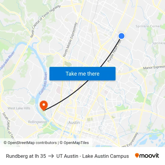 Rundberg at Ih 35 to UT Austin - Lake Austin Campus map