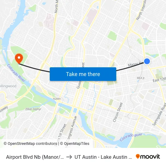 Airport Blvd Nb (Manor/Airport) to UT Austin - Lake Austin Campus map