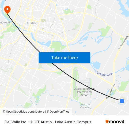 Del Valle Isd to UT Austin - Lake Austin Campus map
