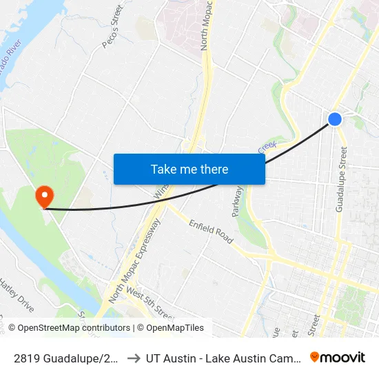 2819 Guadalupe/29th to UT Austin - Lake Austin Campus map