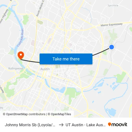 Johnny Morris Sb (Loyola/Johnny Morris) to UT Austin - Lake Austin Campus map