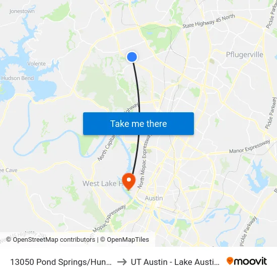 13050 Pond Springs/Hunters Chase to UT Austin - Lake Austin Campus map