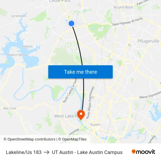 Lakeline/Us 183 to UT Austin - Lake Austin Campus map