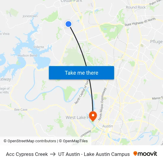 Acc Cypress Creek to UT Austin - Lake Austin Campus map