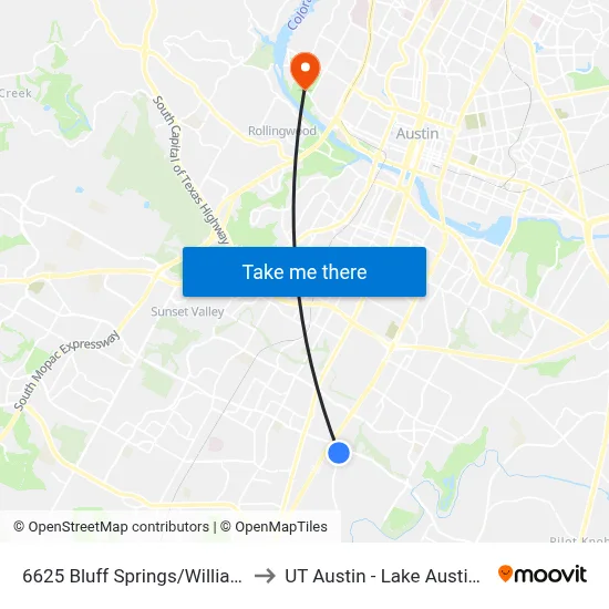 6625 Bluff Springs/William Cannon to UT Austin - Lake Austin Campus map