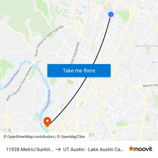 11928 Metric/Sunhillow to UT Austin - Lake Austin Campus map