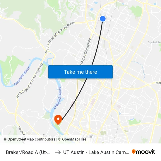 Braker/Road A (Ut-Prc) to UT Austin - Lake Austin Campus map