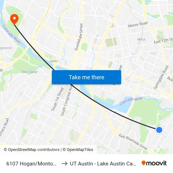 6107 Hogan/Montopolis to UT Austin - Lake Austin Campus map
