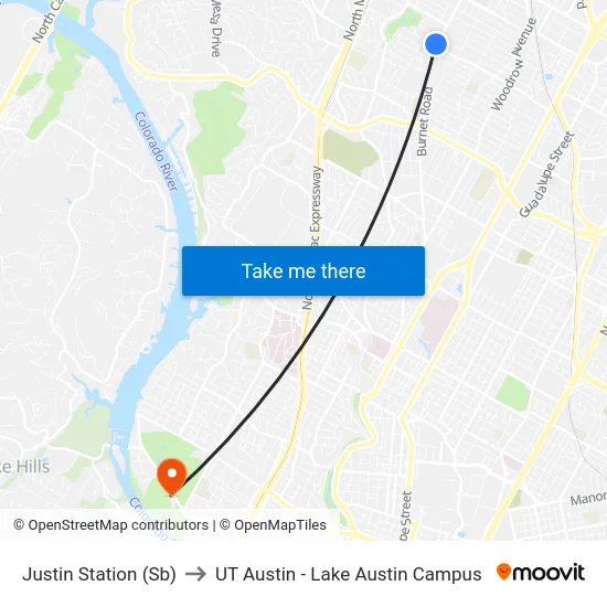 Justin Station (Sb) to UT Austin - Lake Austin Campus map
