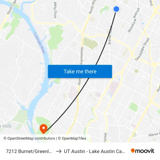 7212 Burnet/Greenlawn to UT Austin - Lake Austin Campus map