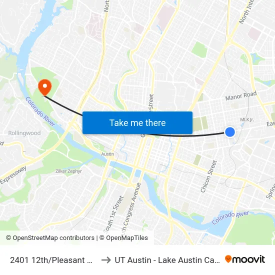 2401 12th/Pleasant Valley to UT Austin - Lake Austin Campus map