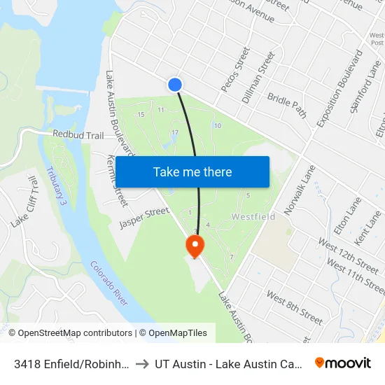 3418 Enfield/Robinhood to UT Austin - Lake Austin Campus map