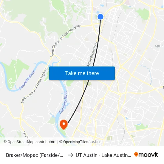 Braker/Mopac (Farside/Midblock) to UT Austin - Lake Austin Campus map