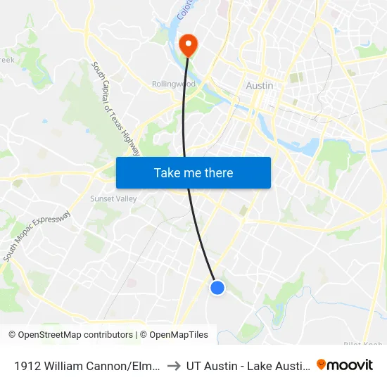 1912 William Cannon/Elm Creek (Apt) to UT Austin - Lake Austin Campus map
