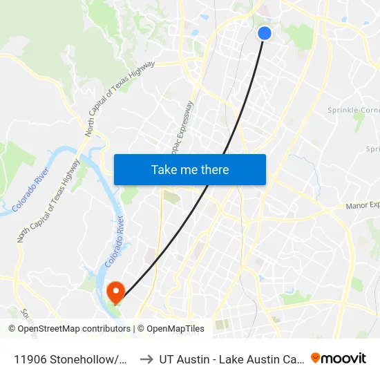 11906 Stonehollow/Metric to UT Austin - Lake Austin Campus map