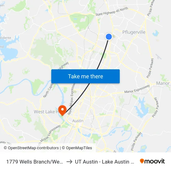1779 Wells Branch/Wells Port to UT Austin - Lake Austin Campus map