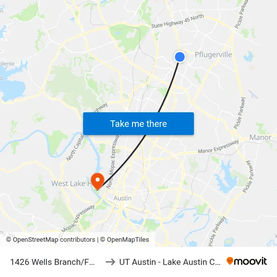 1426 Wells Branch/Fm 1825 to UT Austin - Lake Austin Campus map
