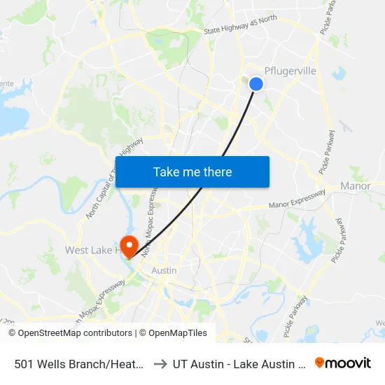 501 Wells Branch/Heatherwilde to UT Austin - Lake Austin Campus map