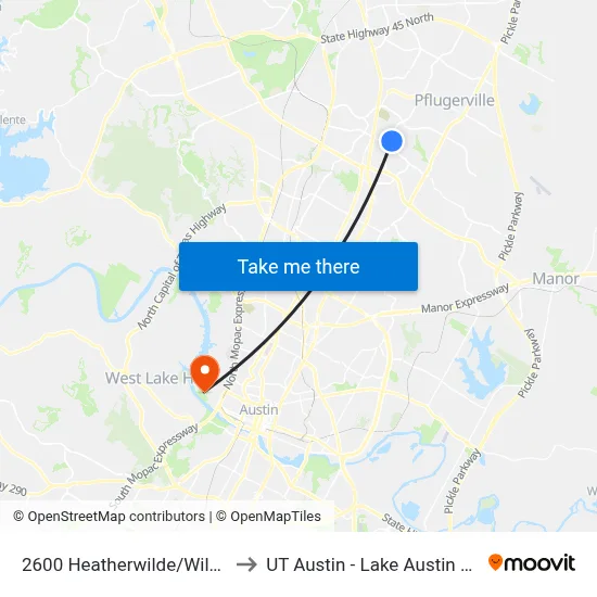 2600 Heatherwilde/Wild Senna to UT Austin - Lake Austin Campus map