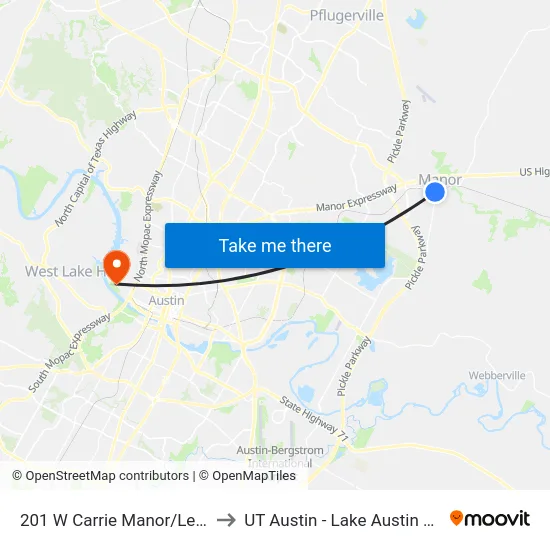 201 W Carrie Manor/Lexington to UT Austin - Lake Austin Campus map