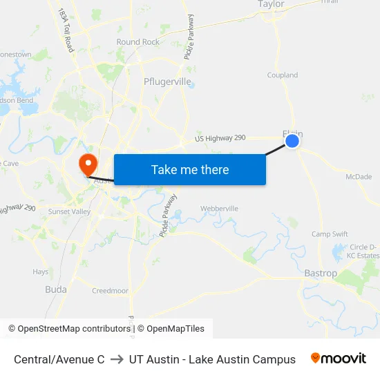 Central/Avenue C to UT Austin - Lake Austin Campus map