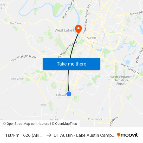 1st/Fm 1626 (Akins) to UT Austin - Lake Austin Campus map