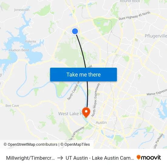 Millwright/Timbercrest to UT Austin - Lake Austin Campus map
