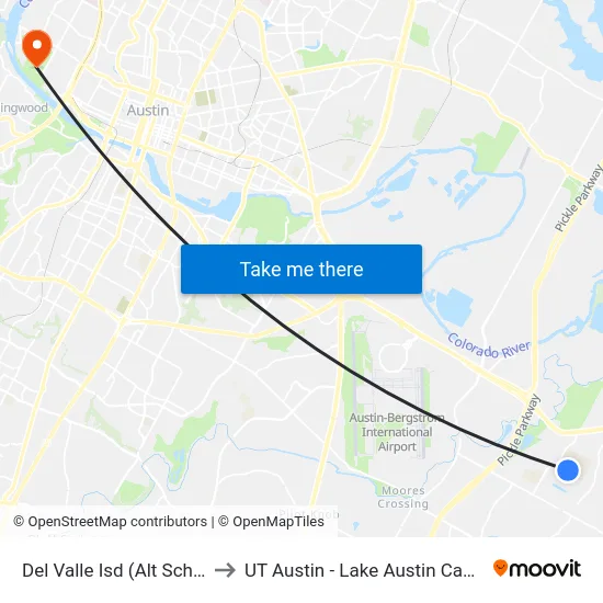 Del Valle Isd (Alt School) to UT Austin - Lake Austin Campus map