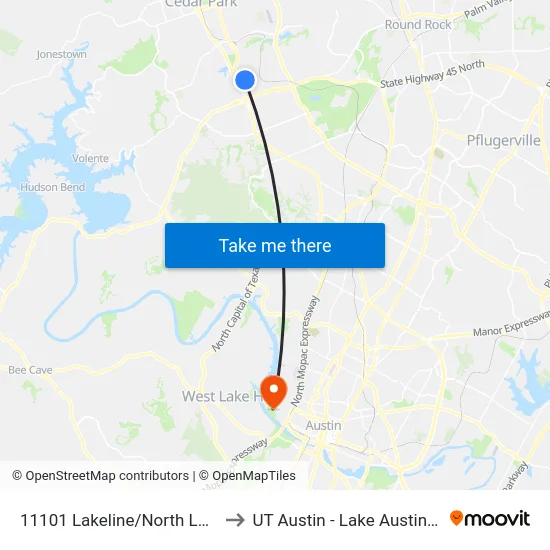 11101 Lakeline/North Lake Creek to UT Austin - Lake Austin Campus map