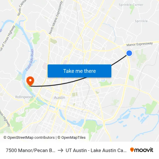 7500 Manor/Pecan Brook to UT Austin - Lake Austin Campus map