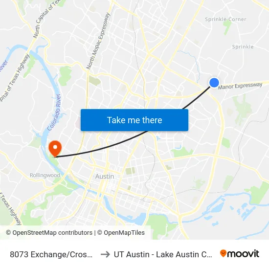8073 Exchange/Cross Park to UT Austin - Lake Austin Campus map