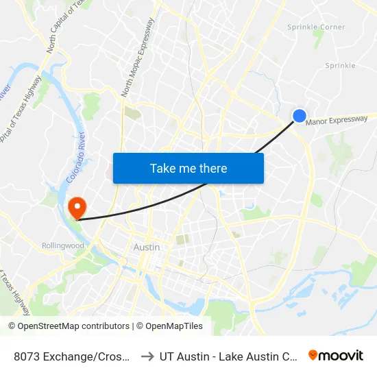 8073 Exchange/Cross Park to UT Austin - Lake Austin Campus map