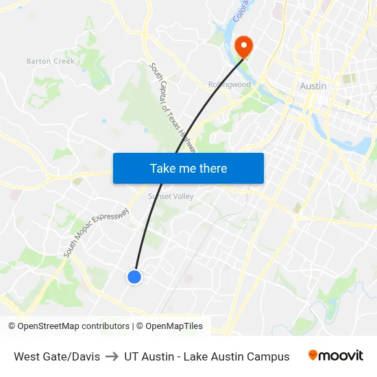 West Gate/Davis to UT Austin - Lake Austin Campus map