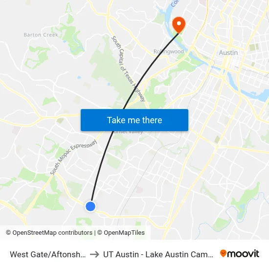 West Gate/Aftonshire to UT Austin - Lake Austin Campus map
