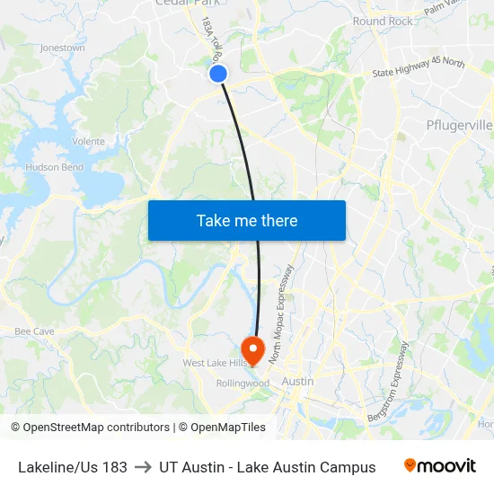 Lakeline/Us 183 to UT Austin - Lake Austin Campus map