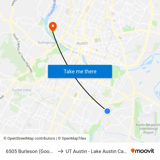 6505 Burleson (Goodwill) to UT Austin - Lake Austin Campus map
