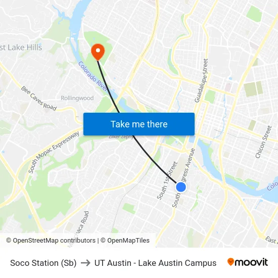 Soco Station (Sb) to UT Austin - Lake Austin Campus map