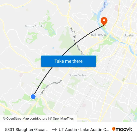 5801 Slaughter/Escarpment to UT Austin - Lake Austin Campus map