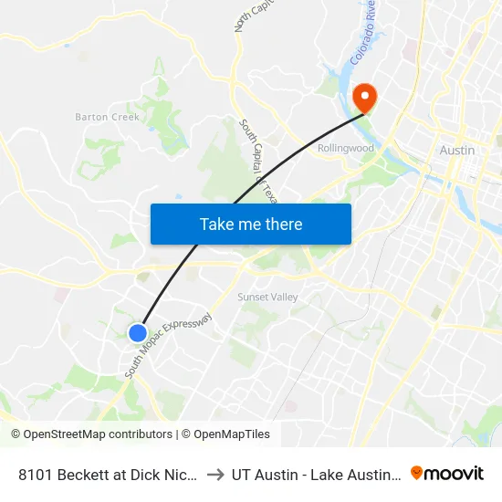 8101 Beckett at Dick Nichols Park to UT Austin - Lake Austin Campus map